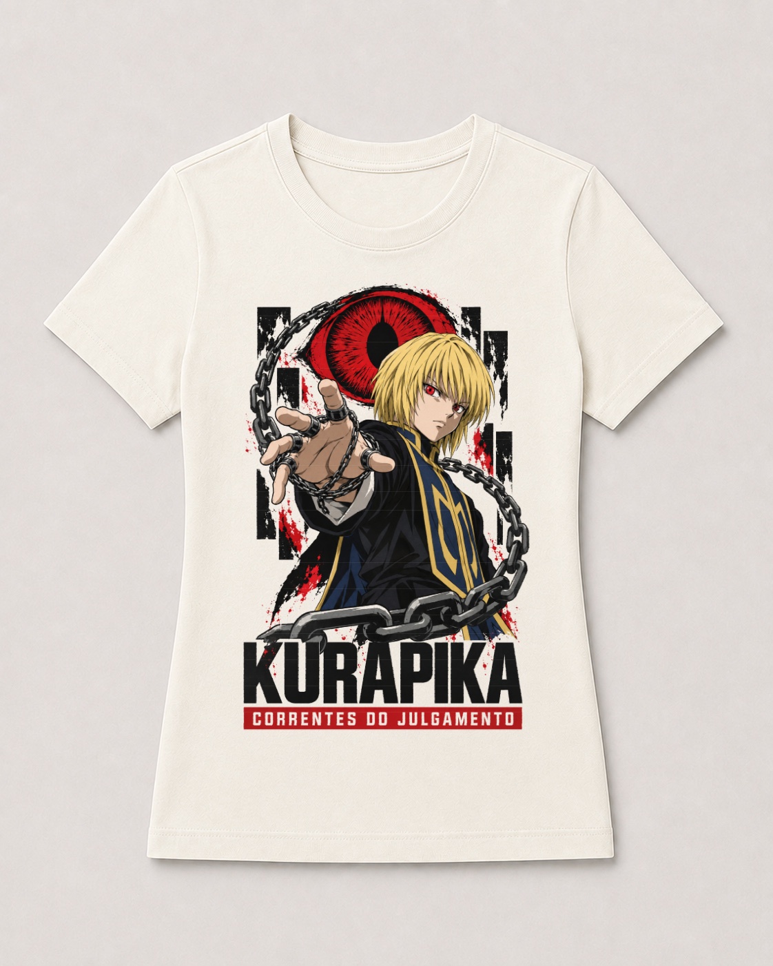 Camiseta Kurapika Correntes do Julgamento — feminina de frente